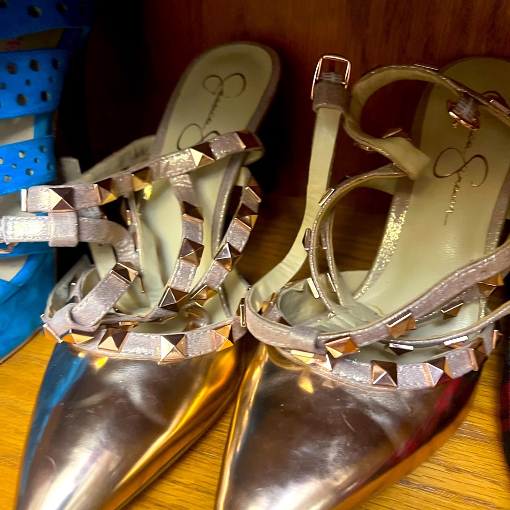 Jessica Simpson copper metallic heels with stud detailing